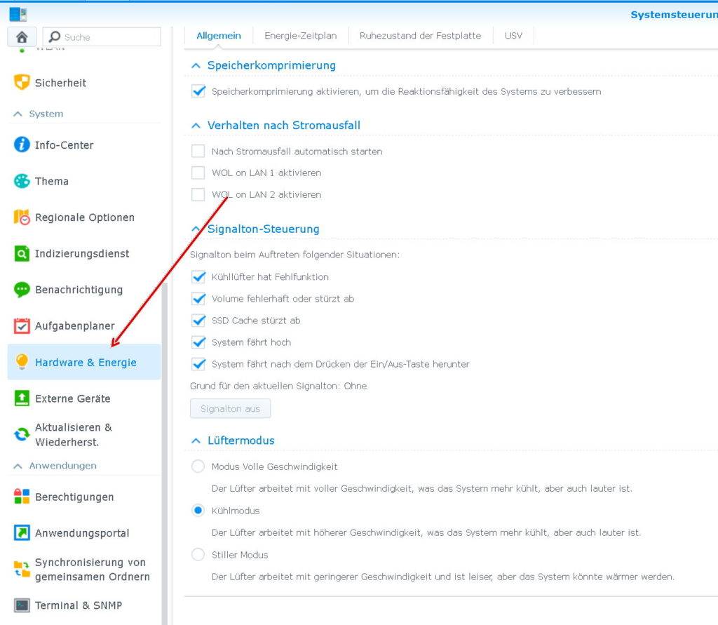 Ältere Synology DSM Einstellung zum Festplatten-Ruhezustand