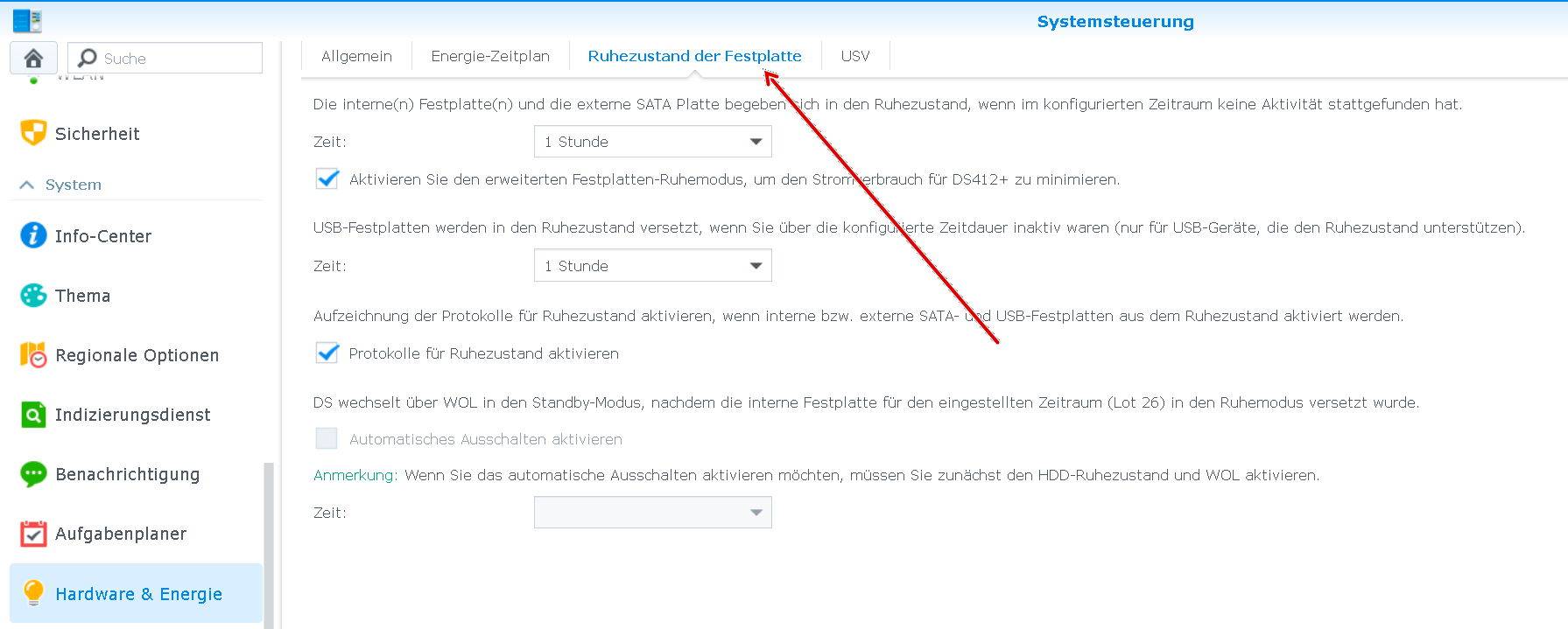 Ältere Synology DSM Ansicht zum HDD-Ruhezustand